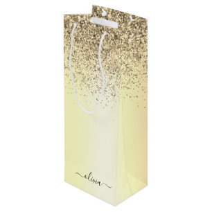 Gold Glitter Metal Monogram Glam Name Wine Gift Bag