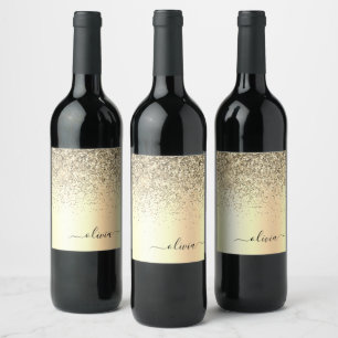 Gold Glitter Metal Monogram Glam Name Wine Label