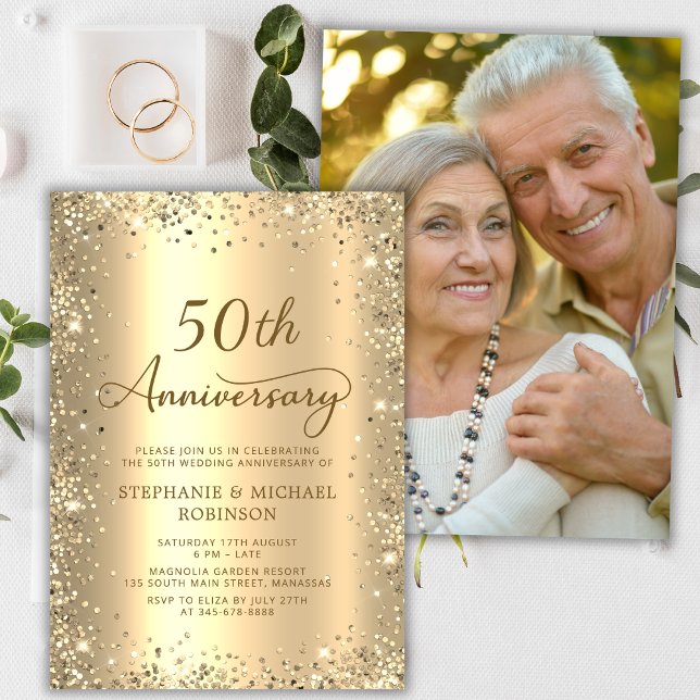 Gold Glitter Metal Photo 50th Wedding Anniversary Invitation (Creator Uploaded)