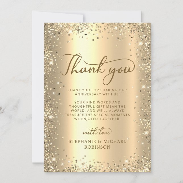 Gold Glitter Metal Photo 50th Wedding Anniversary Thank You Card (Front)