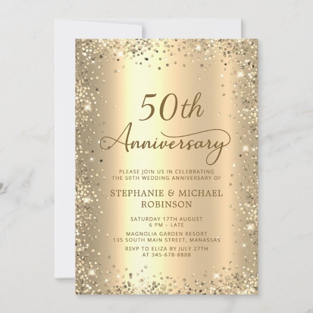 Gold Glitter Metallic 50th Wedding Anniversary Invitation (Front)