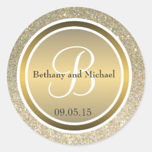Gold Glitter & Metallic Bronze Wedding Monogram Classic Round Sticker