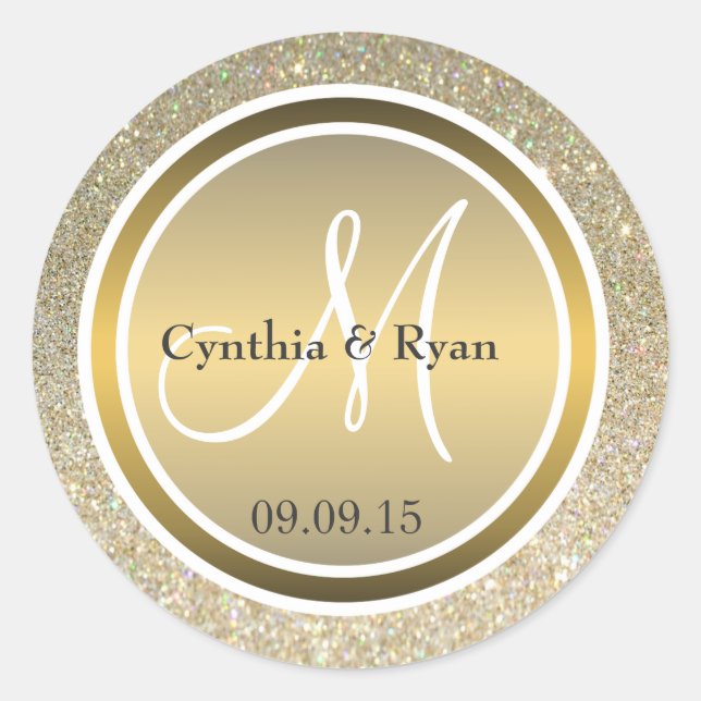 Gold Glitter & Metallic Bronze Wedding Monogram Classic Round Sticker (Front)