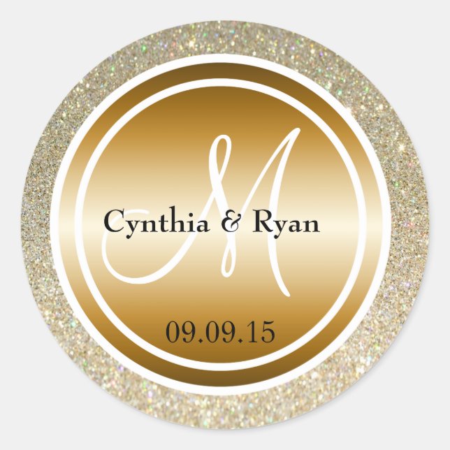 Gold Glitter & Metallic Copper Wedding Monogram Classic Round Sticker (Front)
