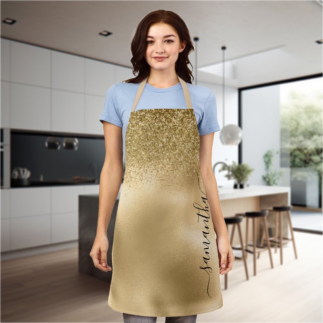 Gold Glitter Metallic Handwritten Monogram Name Apron (Creator Uploaded)