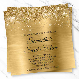 Gold Glitter Metallic Look Sweet Sixteen Invitation