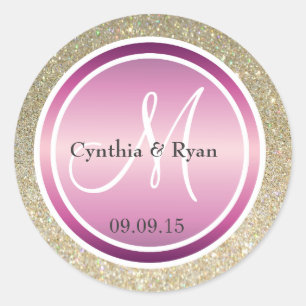 Gold Glitter & Metallic Purple Wedding Monogram Classic Round Sticker