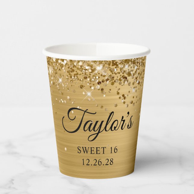 Gold Glitter Metallic Sweet 16 Paper Cups (Left)
