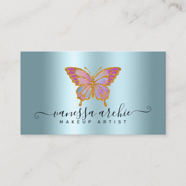 Gold Glitter Metallic Turquoise Foil Butterfly Business Card (Front)