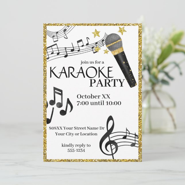 Gold Glitter Microphone Music Notes Karaoke Party Invitation (Standing Front)