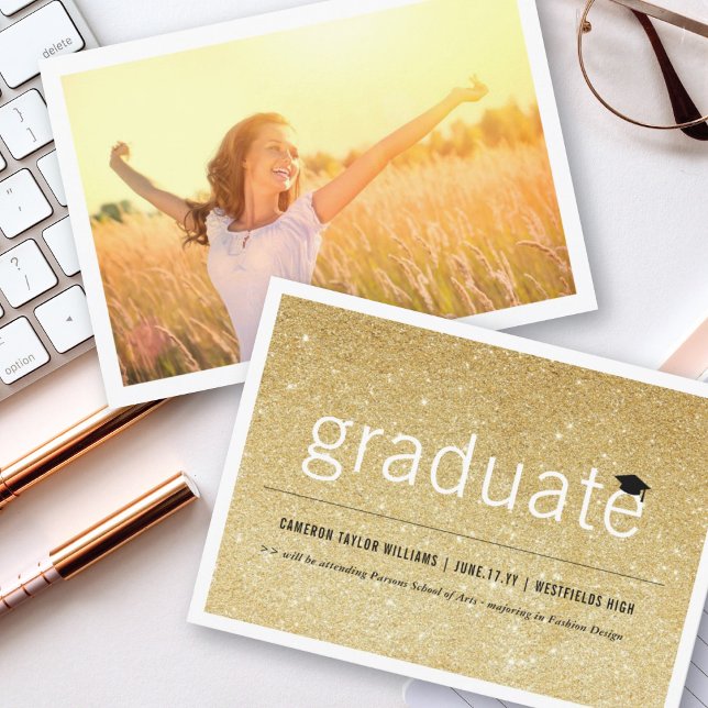 Gold Glitter Minimalist Graduate Photo Graduation Announcement (Creator Uploaded)