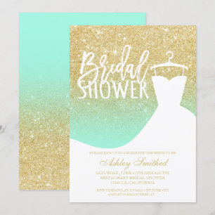 Gold glitter mint elegant chic dress Bridal shower Invitation