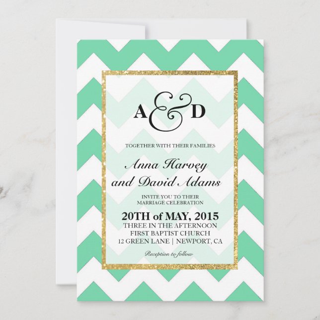 Gold Glitter Mint Green Chevron Wedding Invitation (Front)