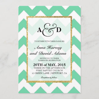 Gold Glitter Mint Green Chevron Wedding Invitation