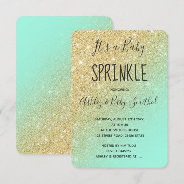 Gold glitter mint green ombre baby sprinkle 2 invitation (Front/Back)