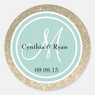 Gold Glitter & Mint Green Wedding Monogram Classic Round Sticker