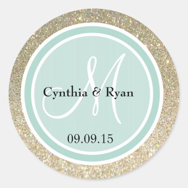 Gold Glitter & Mint Green Wedding Monogram Classic Round Sticker (Front)
