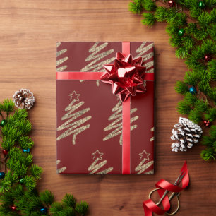 Gold Glitter Modern Christmas Tree Red Wrapping Paper