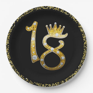 Gold Glitter Modern Glam 18th Crown Birthday 18  Paper Plate