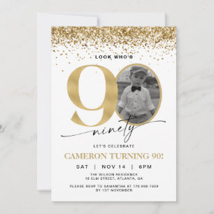 Gold Glitter Modern Photo 90th Birthday Invitation