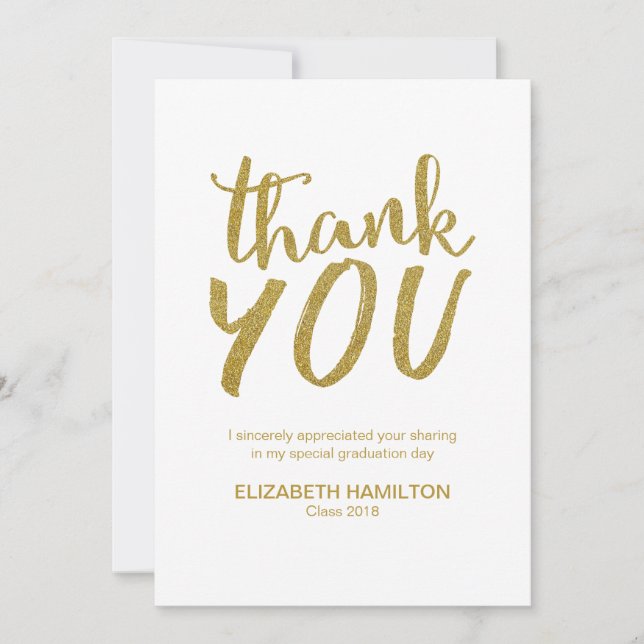 Gold Glitter Modern Script Graduation Thank You Card (Front)