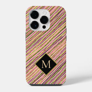 Gold Glitter Modern Stripes Monogram iPhone 14 Pro Case