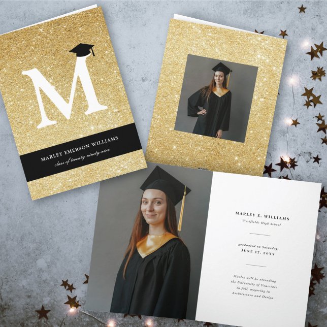 Gold Glitter Monogram Alphabet M Modern Photo Grad Invitation (Creator Uploaded)