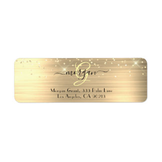 Gold Glitter & Monogram, Black Script Name Address Return Address Label