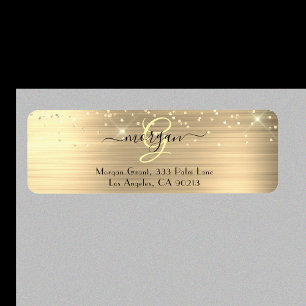 Gold Glitter & Monogram, Black Script Name Address Return Address Label