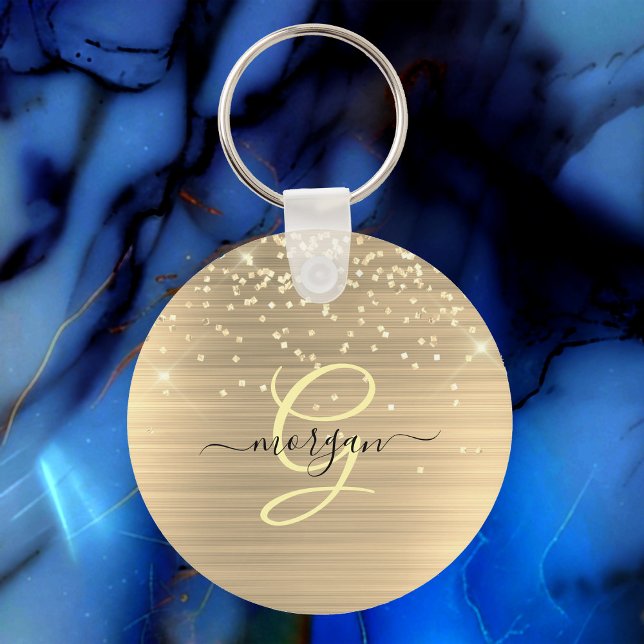 Gold Glitter & Monogram, Black Script Name Key Ring (Creator Uploaded)