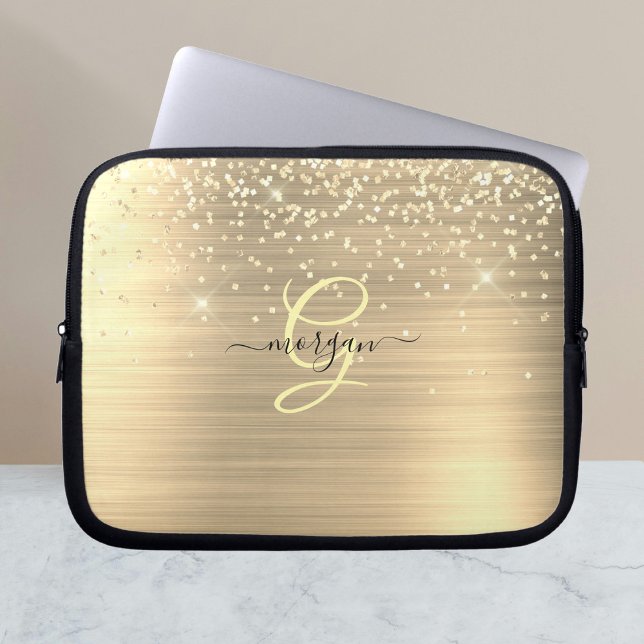 Gold Glitter & Monogram, Black Script Name Laptop Sleeve (Creator Uploaded)