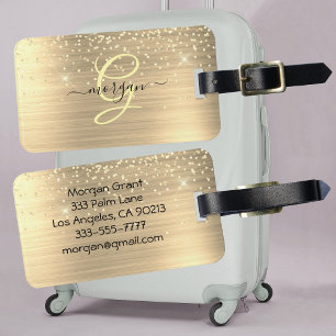 Gold Glitter & Monogram, Black Script Name, Vs 2 Luggage Tag
