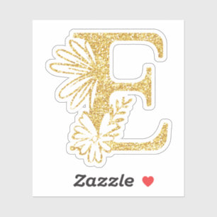 Gold Glitter Monogram Initial E Floral