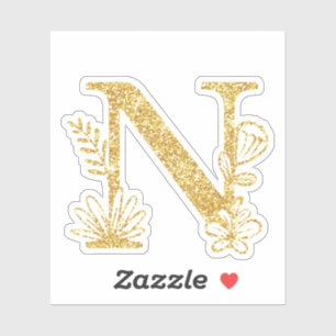 Gold Glitter Monogram Initial N Floral Sticker