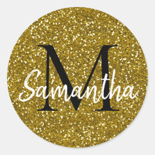 Gold Glitter Monogram Initial Name Classic Round Sticker