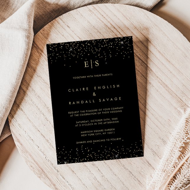 Gold Glitter Monogram Last Name Initial Wedding Invitation (Creator Uploaded)