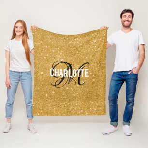 Gold glitter monogram name fleece blanket