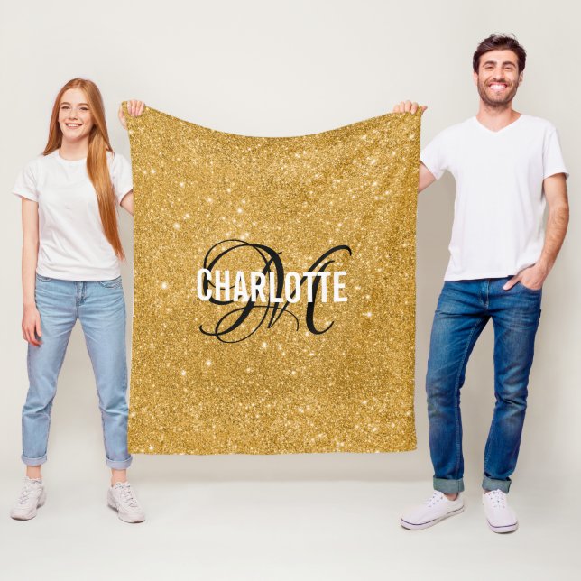 Gold glitter monogram name fleece blanket (In Situ)