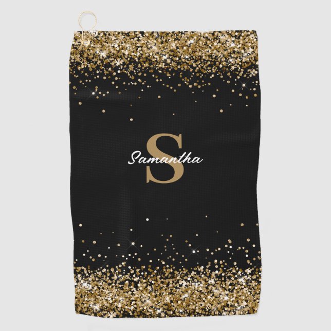 Gold Glitter Monogram Name  Golf Towel (Front)