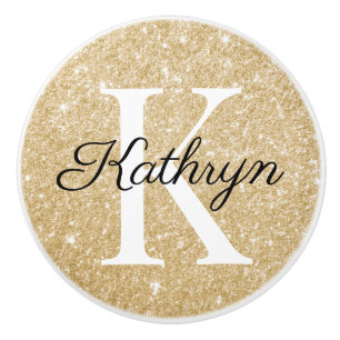 Gold Glitter Monogram Name Initial Ceramic Pull