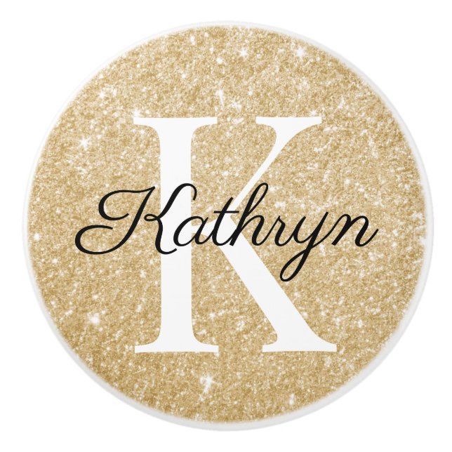 Gold Glitter Monogram Name Initial Ceramic Pull (Front)