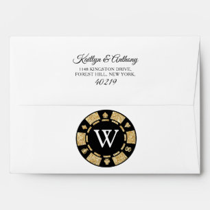 Gold Glitter Monogram Poker Chip Casino Wedding Envelope