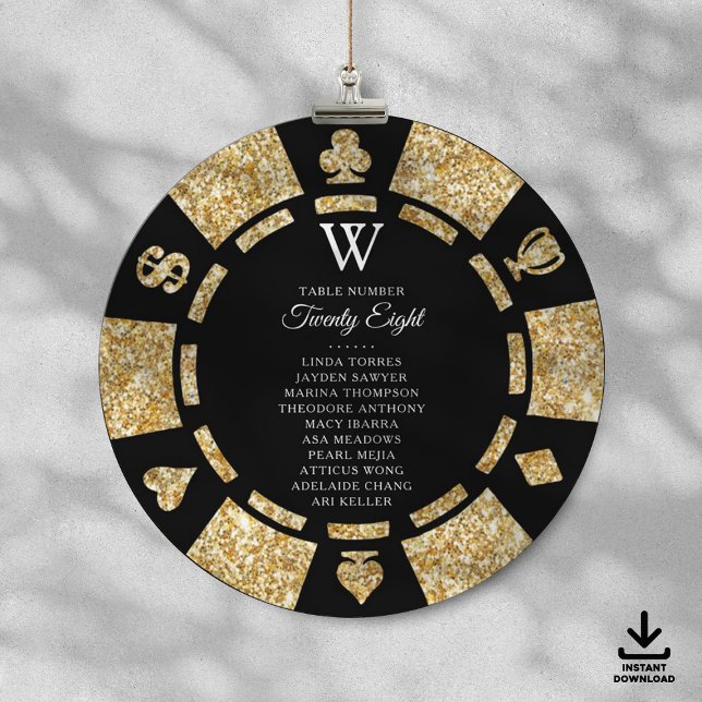 Gold Glitter Monogram Poker Chip Casino Wedding Invitation (Creator Uploaded)