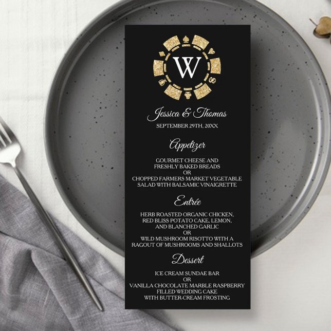 Gold Glitter Monogram Poker Chip Casino Wedding Menu (Creator Uploaded)