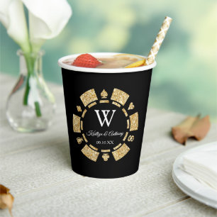 Gold Glitter Monogram Poker Chip Casino Wedding Paper Cups