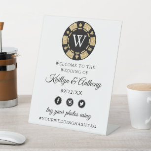 Gold Glitter Monogram Poker Chip Casino Wedding Pedestal Sign