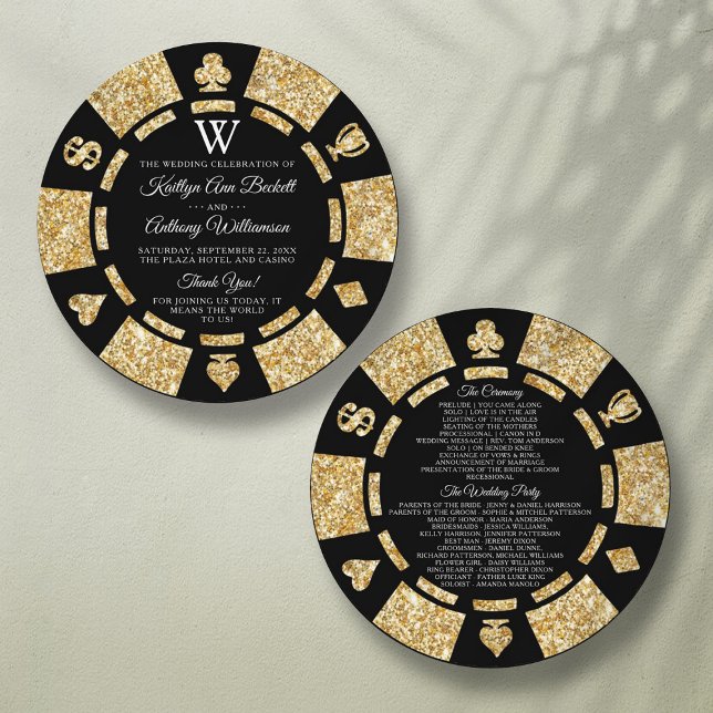 Gold Glitter Monogram Poker Chip Casino Wedding Program (Creator Uploaded)