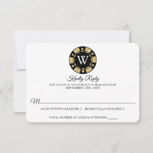 Gold Glitter Monogram Poker Chip Casino Wedding RSVP Card