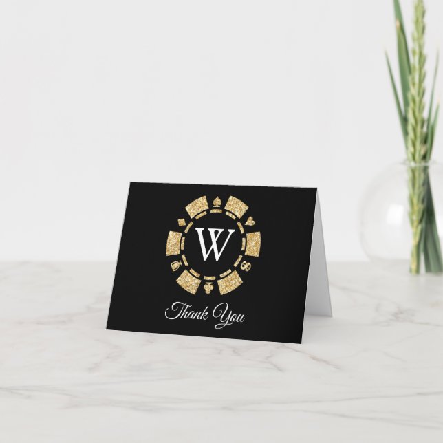 Gold Glitter Monogram Poker Chip Casino Wedding Thank You Card (Front)