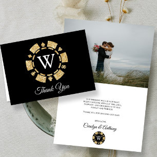 Gold Glitter Monogram Poker Chip Casino Wedding Thank You Card